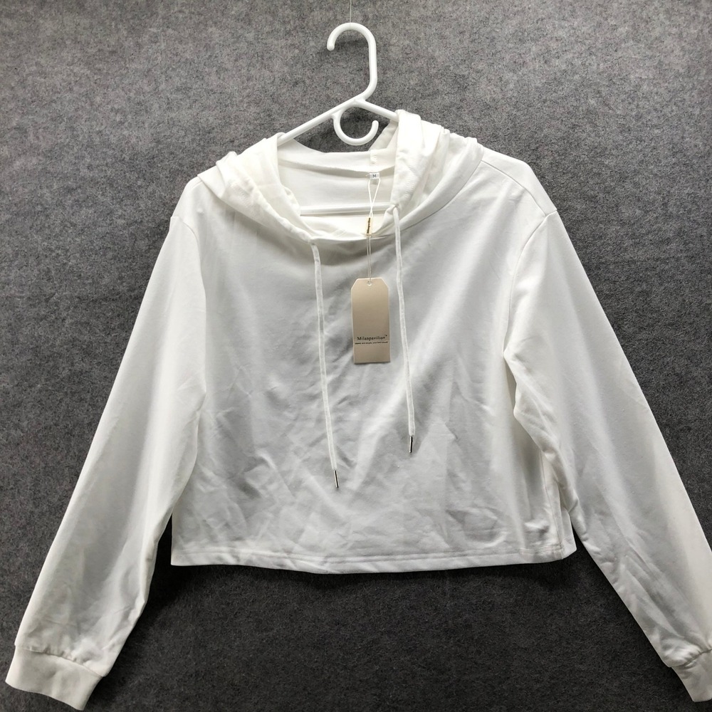 NWT Milanpavilion Cropped White Hoodie Womens M Lightweight Pullover Polycotton